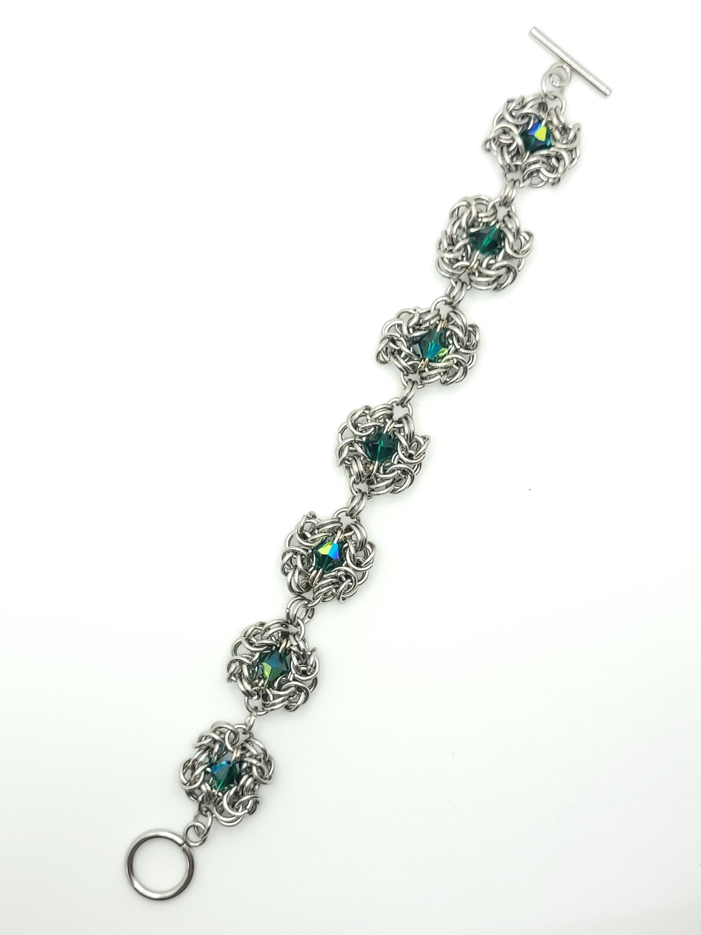 Stainless Steel Chainmail Bracelet with Emerald Green Crystal Accents
